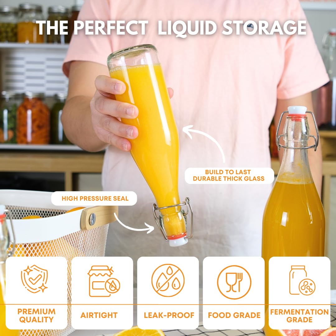FastRack Swing Top Glass Bottles |16 oz – Pack of 6 | Clear, Flip Top Glass Bottles for Home Brewing, Carbonated Drinks, Kombucha, Fermentation, Water | Food Grade – ECO Friendly