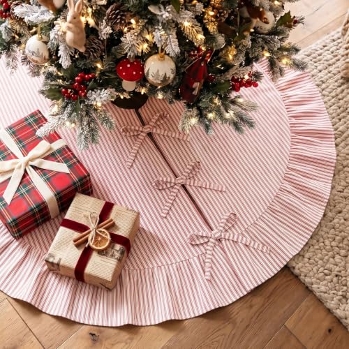 JOVIPOP Christmas Tree Skirt Large 72 Inch Red Pinstripe Ruffle - Farmhouse Holiday Decor