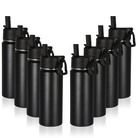 Volhoply 16 OZ Kids Water Bottle Bulk 8 Pack,Insulated Sports Bottles with Straw Lid,Stainless Steel Bottle with Handle Keep Cold & Hot,Double Wall Vacuum Tumbler Cups for School,Girls(Black, 8)