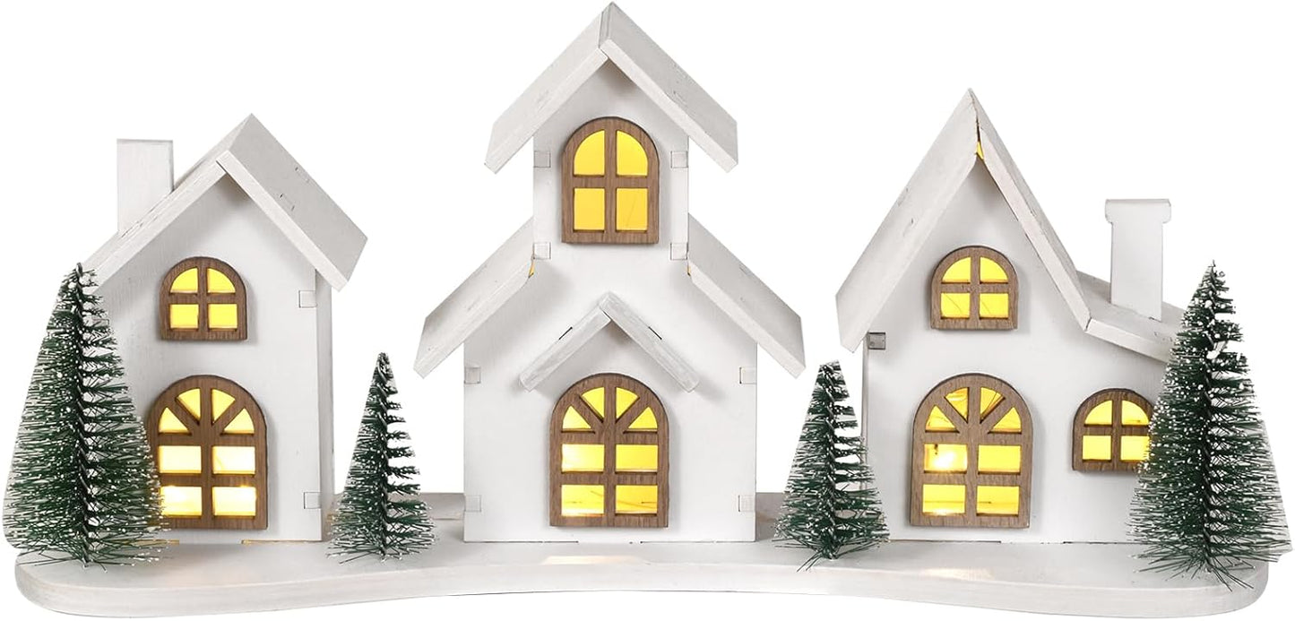 Skiennix White Christmas Village House Decoration - LED Lights & Wooden Centerpiece | Mini Winter Town Tabletop Decor