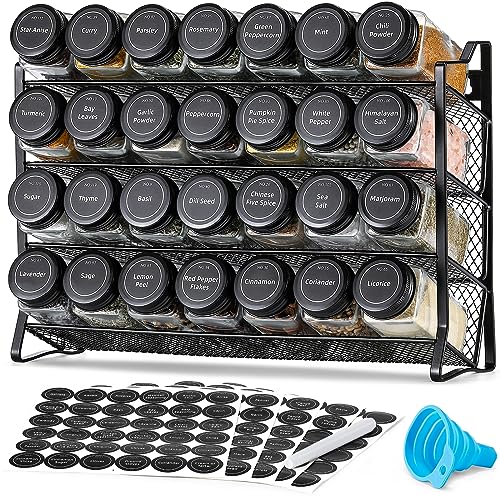AOZITA Black Spice Rack Organizer with 28 Jars, Labels & Funnel - Kitchen Storage