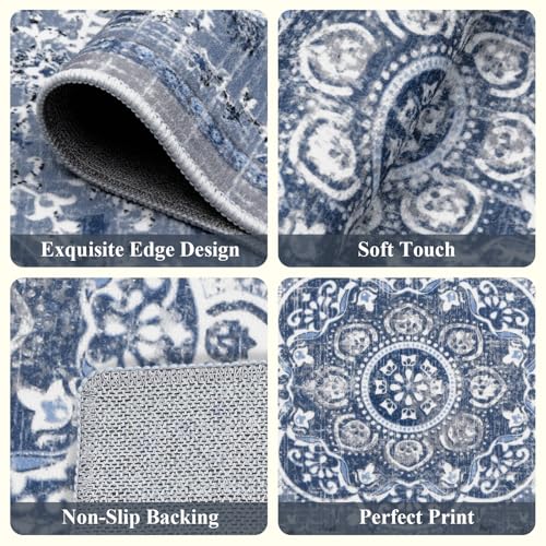 Ileading 3-Piece Kitchen Rug Set with Runner - Blue Floral, Non-Slip Washable Mats, 20x32/48/59 Inches