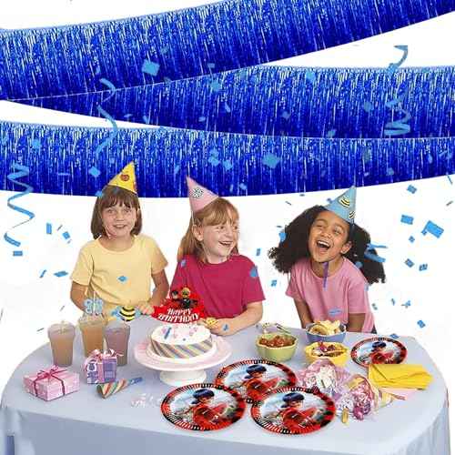 Blue Foil Fringe Garland 10FT 2packs, Metallic Foil Tinsel Fringe Banners for Parade Float Decorations Wedding, Birthday Party Graduation (Two Blue)
