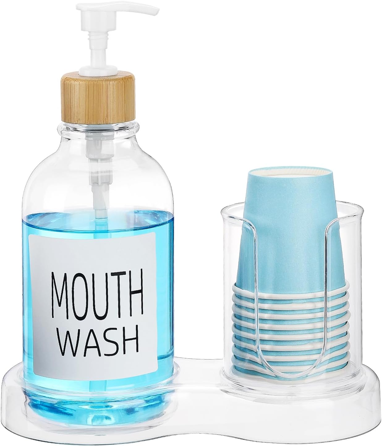 Skiennix Mouthwash Dispenser - 16oz Clear Plastic Bottle with Cup Holder & Tray for Bathroom