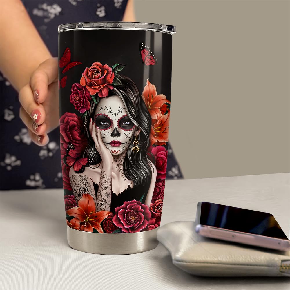 SANDJEST Sugar Skull Tumbler 20oz Stainless Steel Insulated Coffee Travel Mug Cup for Women Girls Gifts for Birthday Christmas Halloween