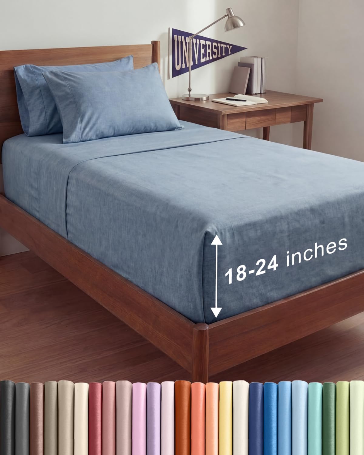 Skiennix Extra Deep Twin XL Sheet Set | 4-Piece Breathable Cooling Bedding - Soft, Wrinkle-Free, Heathered Blue