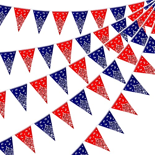 Frienda 6 Pack Western Cowboy Party Decorations Bandana Pennant Banner Christmas Wild West Rodeo Decor Red and Blue Country Decorations for Cowboy Themed Party Decoration, 9.8 Feet