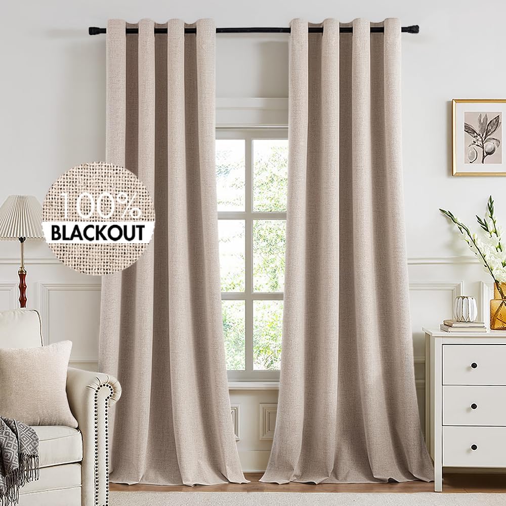 MIULEE 100% Blackout Linen Textured Curtains - Extra Long 102" Natural Beige Grommet Drapes for Bedroom & Living Room (2 Panels)