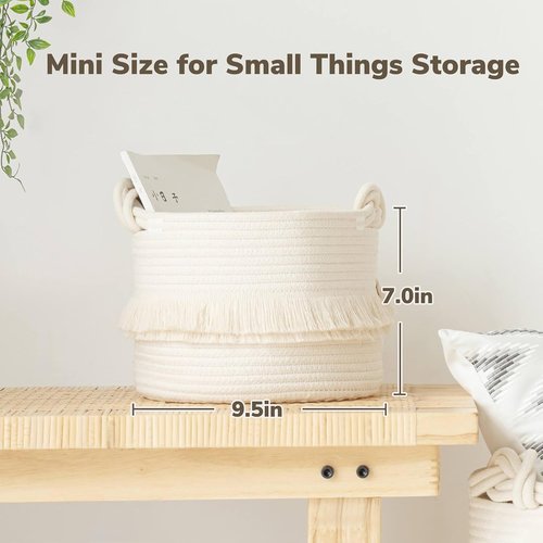 CherryNow Woven Storage Baskets - 9.5'' x 7'' Cotton Rope Hamper for Diapers, Blankets & More | Off-White with Cute Tassel