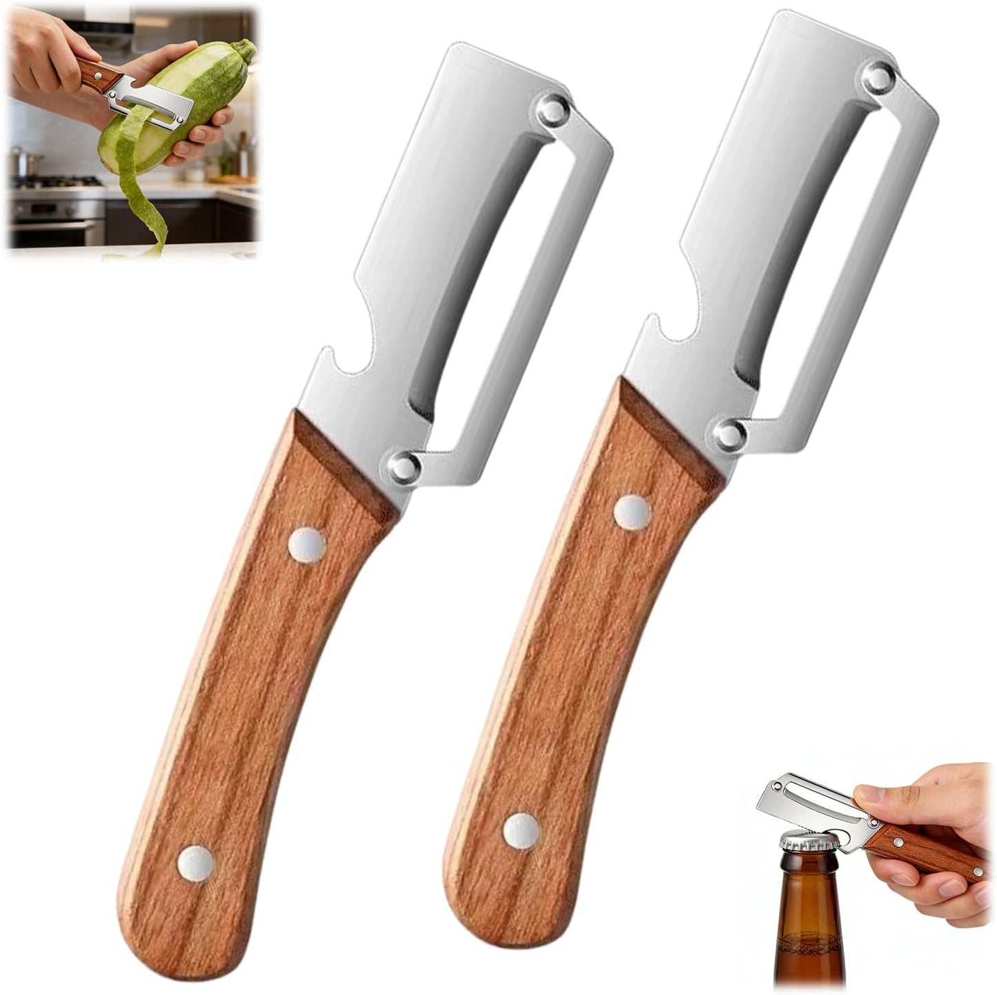Skiennix Premium Vegetable Peeler Set - 2PCS Multi-Functional Kitchen Tool with Wooden Handle & Stainless Steel Blade