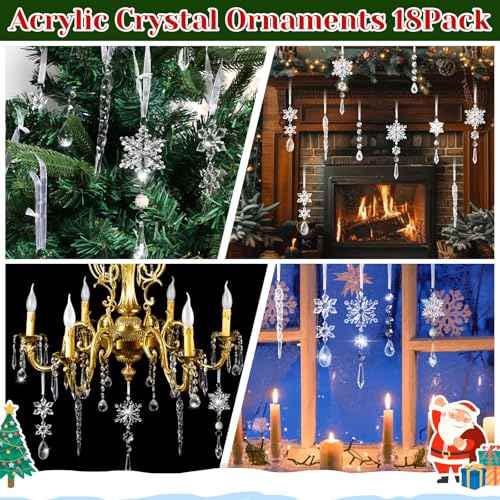 Christmas Tree Decorations 18Pcs, Acrylic Crystal Ornaments for Christmas Tree- Hanging Christmas Snowflake Decorations for Xmas Decor, Weddings, Frozen Birthday Parties