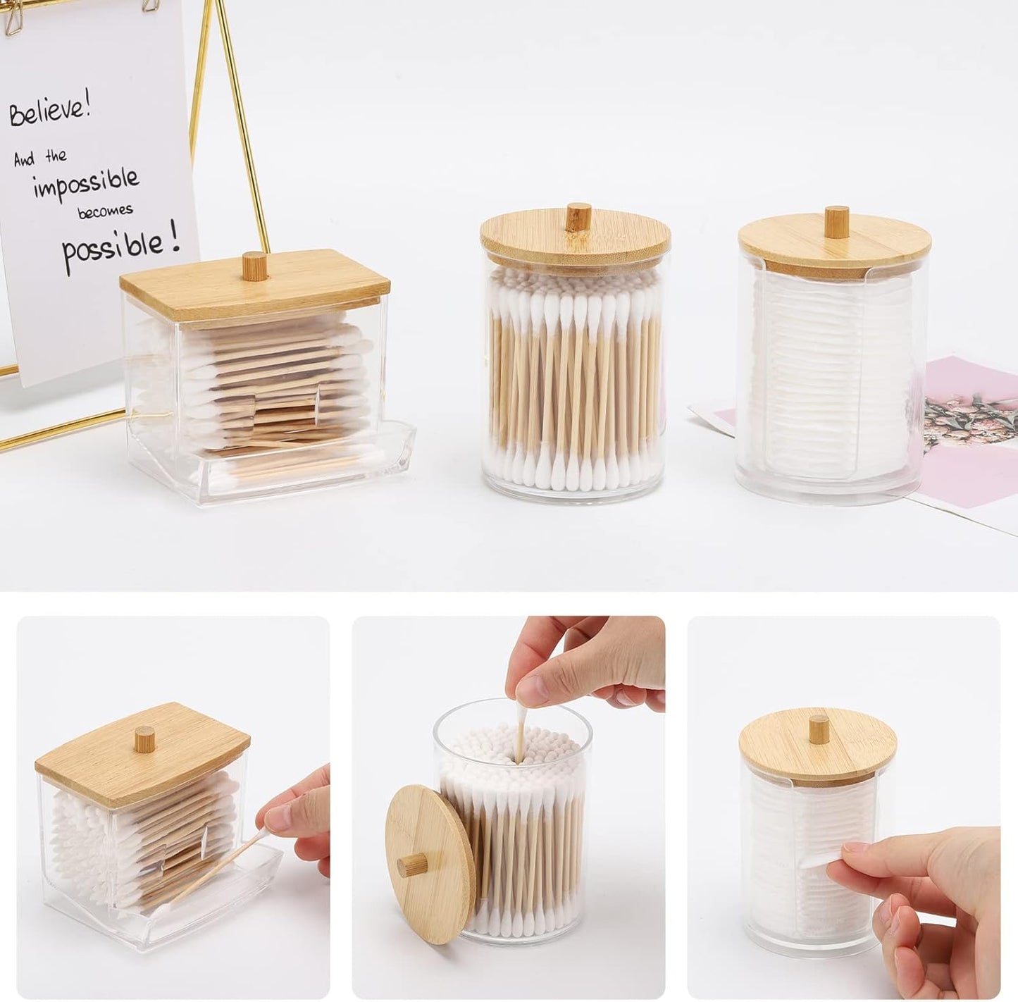 Tbestmax Bathroom Organizer Set | 3-Piece Storage with Bamboo Lids for Cotton Balls & Qtips