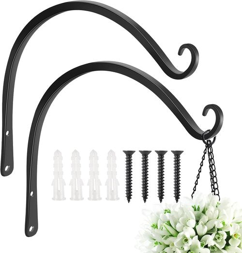 Feed Garden 14-Inch Decorative Hanging Plant Brackets - 2 Pack Wall Hooks for Outdoor Use | Black