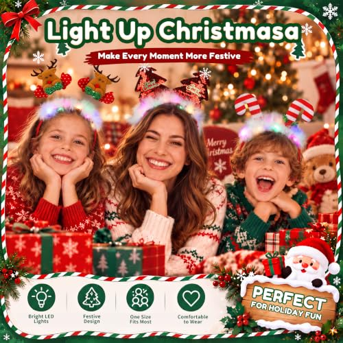9 Pack Light Up Christmas Headbands with 3 Modes - Assorted Xmas Headwear for Adults & Kids