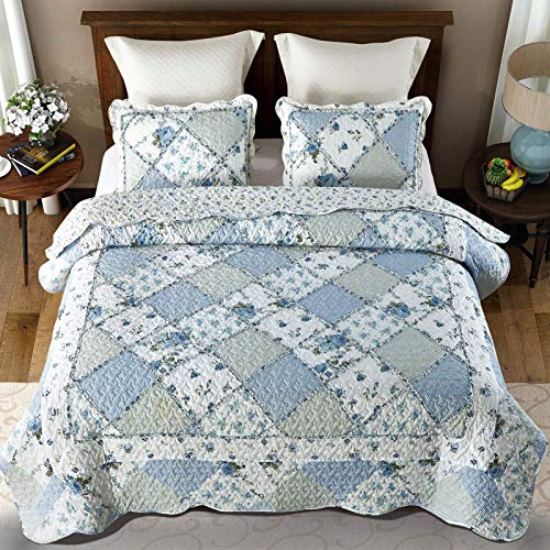 VIVILINEN Blue Floral Patchwork Quilt Set Full/Queen Size 87x95 - 3 Piece Bedding