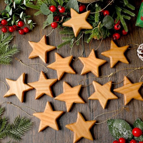 Henoyso 12 Pcs Wooden Star Ornaments - Rustic Christmas Tree Decorations, 2.8 Inches, Wood Grain Variation
