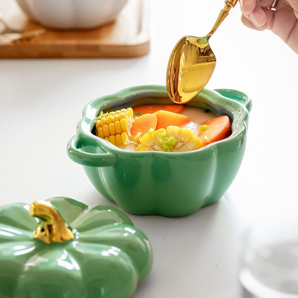 Pumpkin | 14 Oz Ceramic Ramekin Set with Lid & Handle - Oven Safe Stoneware for Baking (Green)