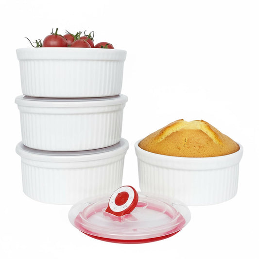 10 oz Ceramic Creme Brulee Ramekins Oven Safe, Small Souffle Ramekins with Lids, Mini Ramekin Set with Covers Set of 4, Pudding Custard Cups Ramiken for Baking, Meal Prep, Picnic, Camping