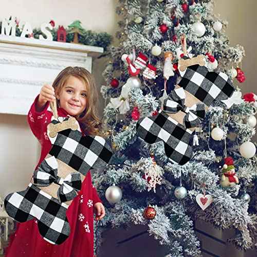 Senneny Pet Dog Christmas Stockings Buffalo Black White Plaid Burlap Large Bone Shape Hanging Christmas Stocking for Dogs Pets