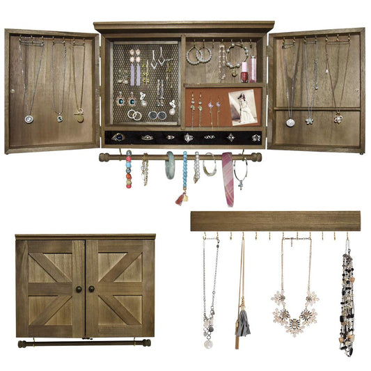 GLANT Rustic Wall Mounted Jewelry Organizer with Wooden Barndoor Decor， Wall Mount Holder,Jewelry holder for Necklaces, Earings, Bracelets，Ring Holder. Includes matching hook organizer (wood color)