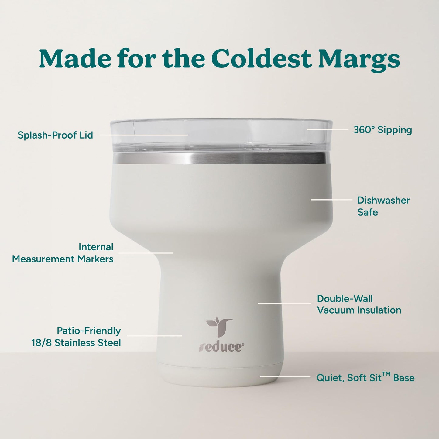 REDUCE Saltini 16 oz Cocktail Tumbler - Insulated Margarita Tumbler with Lid - Keeps Drinks Cold for 10 Hours - 360 Sippable Martini Glass Alternative - Shatterproof, Perfect for Parties - Unbleached