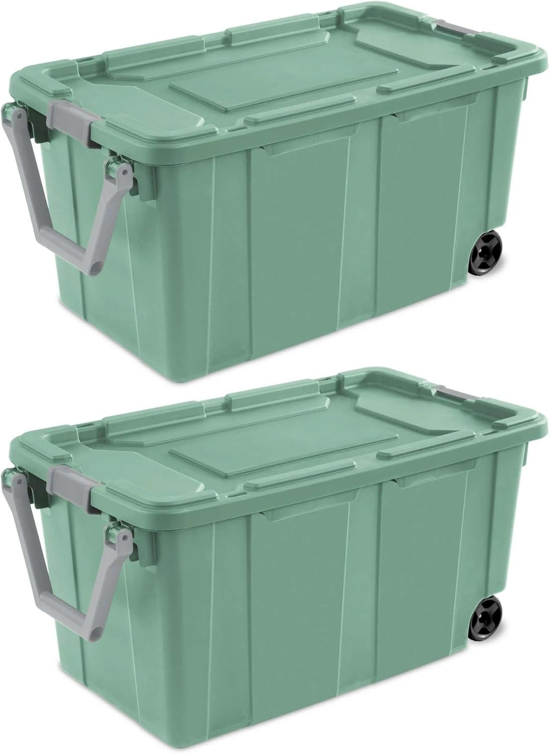 Skiennix 40 Gallon Wheeled Industrial Tote - Rugged Plastic Storage Bin with Latch Lid, Light Green, 2 Count