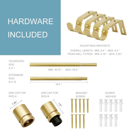 Byondeth Adjustable Curtain Rods - 16 to 200 Inches, 1 Inch Diameter, Flash Gold Aluminium Finials
