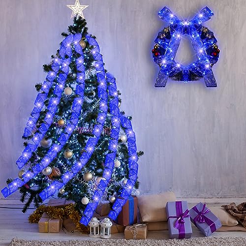 Blue Christmas Ribbon Lights 2in x 66ft 100 LED Battery-Operated Decorative Ribbon