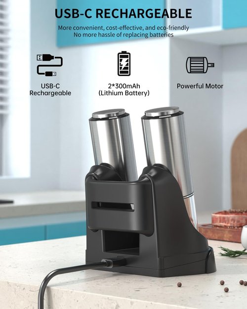 CIRCLE JOY Rechargeable Electric Salt and Pepper Grinder Set - Stainless Steel, Adjustable Coarseness, LED Light