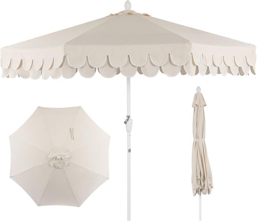 Jonathan Y Umbrella - 9 ft. Classic Mid-Century Scalloped Fringe Patio Umbrella with Auto-Tilt & UV Protection - Cream/White