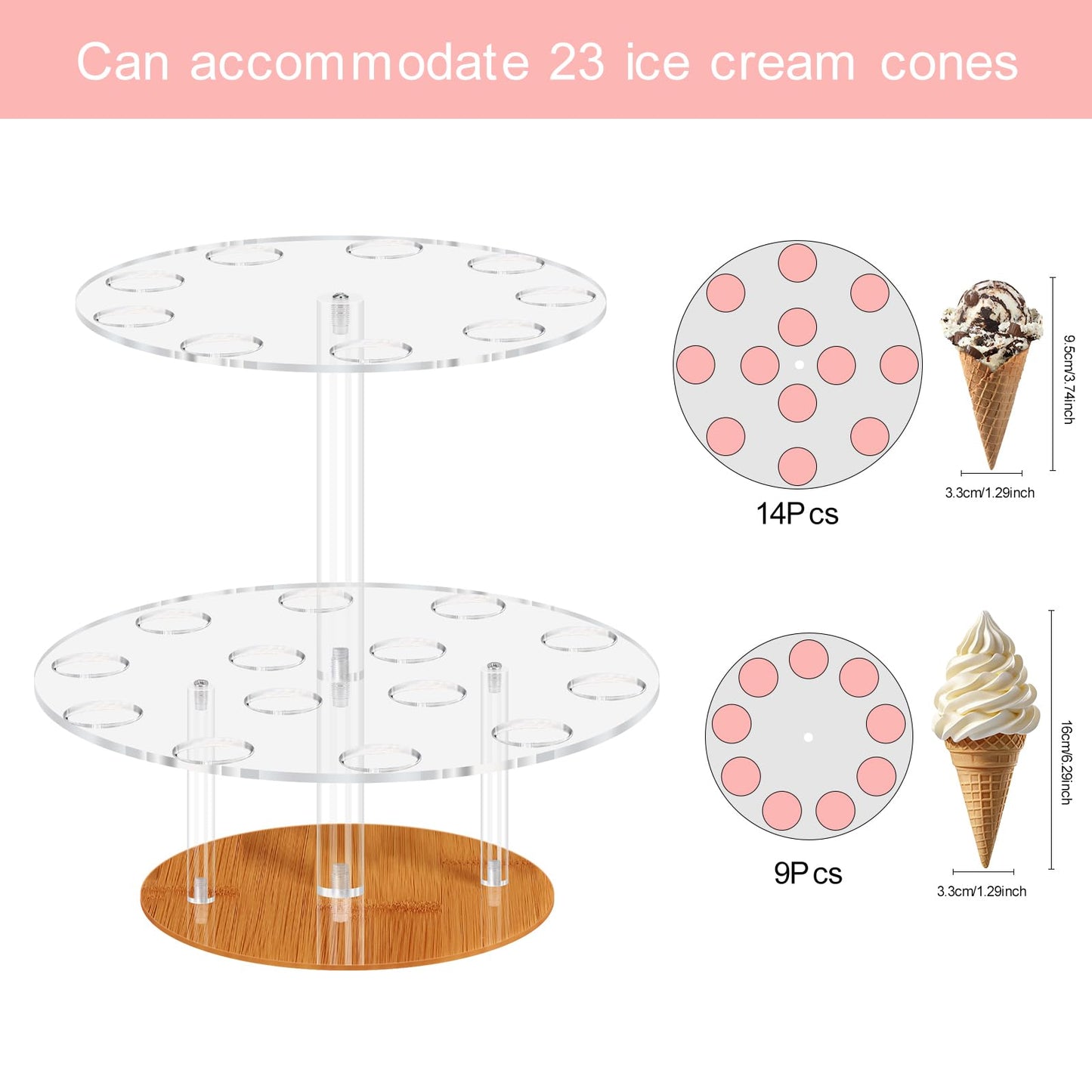 ELEGICKLIP Acrylic Ice Cream Cone Holder 23 Holes 2 Tiers Stand Clear Cupcake Stand Display Rack for Birthday Parties Weddings Christmas