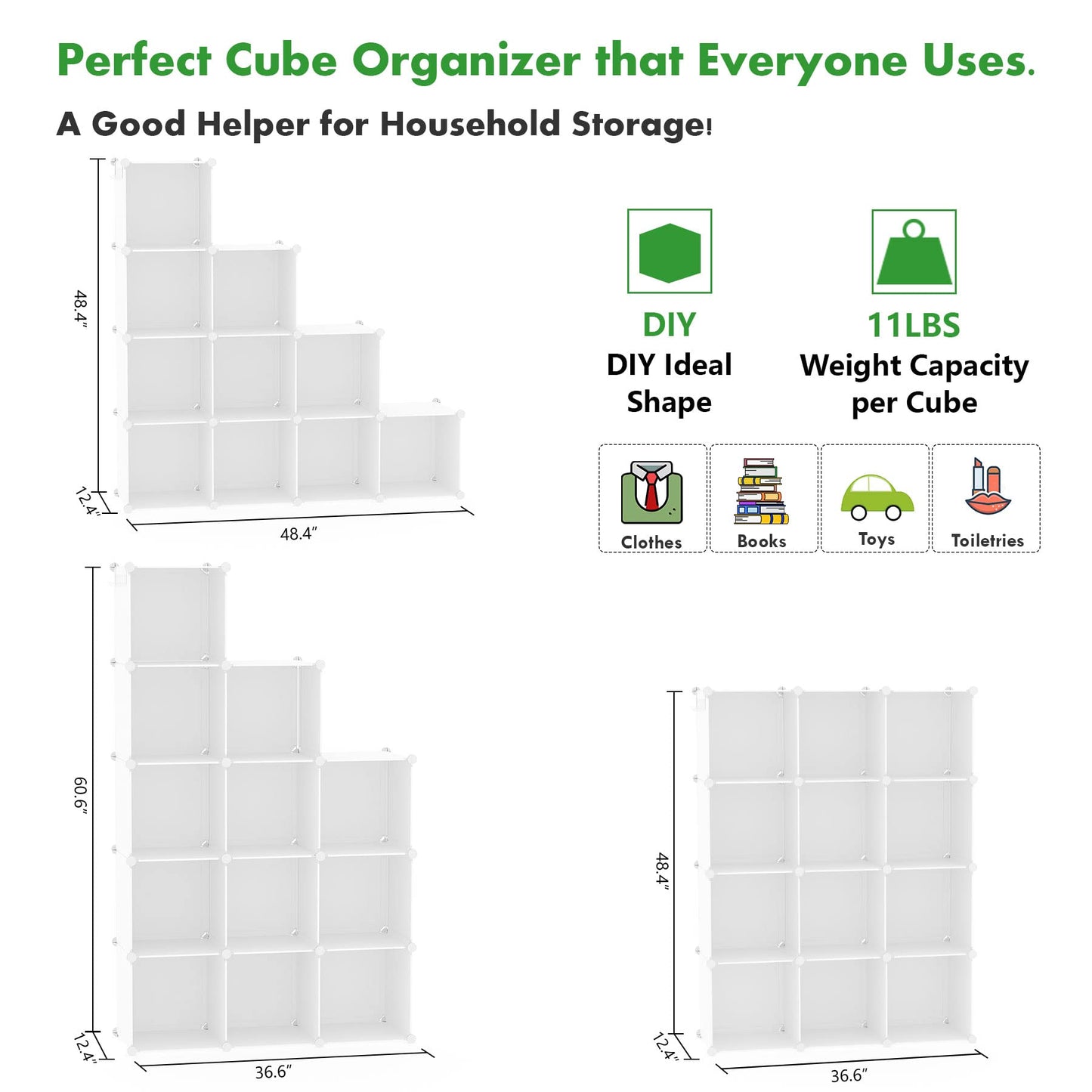 C&AHOME Cube Storage Organizer, 12-Cube Shelves Units, Closet Cabinet, DIY Plastic Modular Book Shelf, Ideal for Bedroom, Living Room, Office, 36.6" L x 12.4" W x 48.4" H Milky UPCS12M