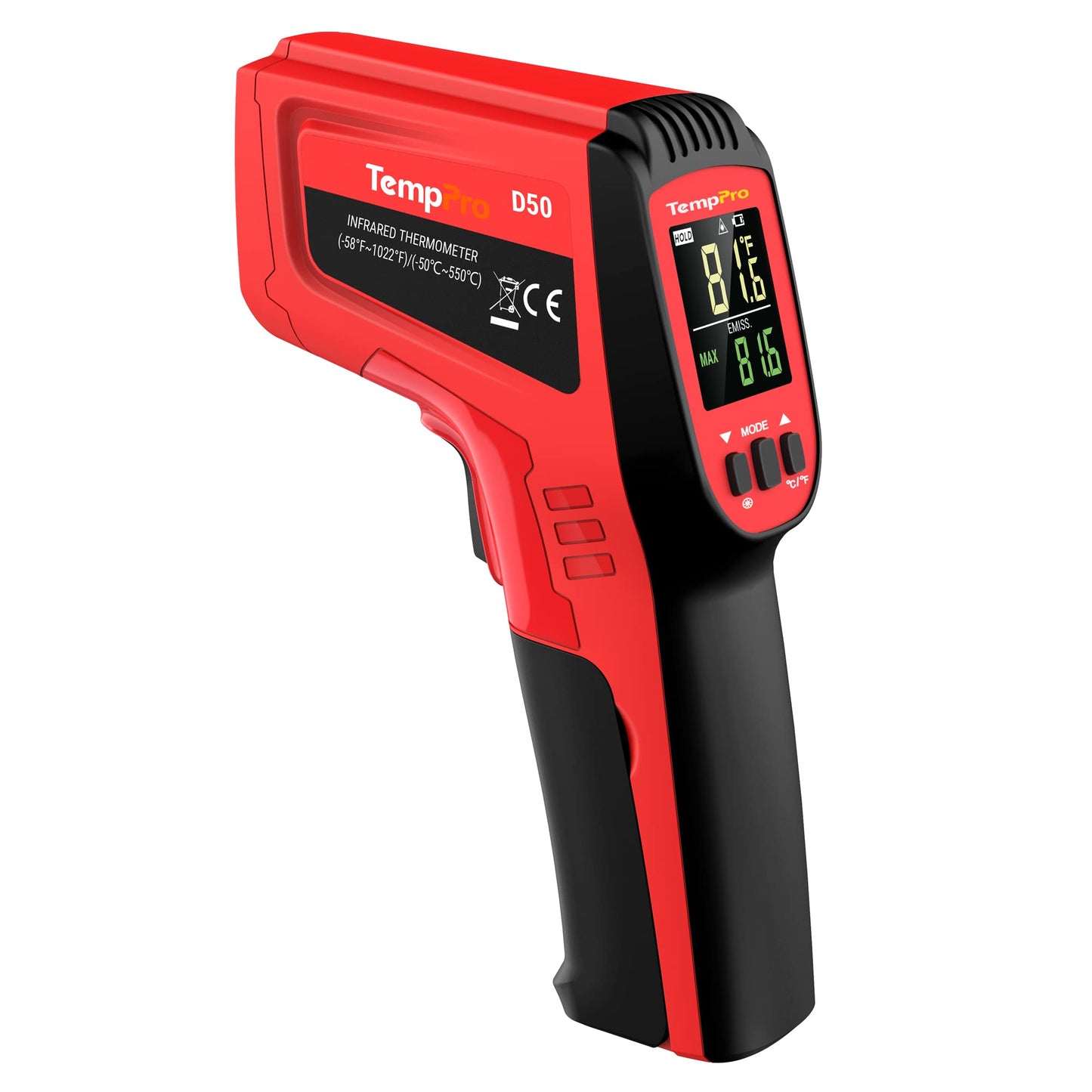 TempPro D50 Dual Laser Infrared Thermometer Gun for Cooking with Adjustable Emissivity & MAX/MIN/AVG Display, Laser Thermometer Gun for Cooking Industrial Use (NOT for Human)