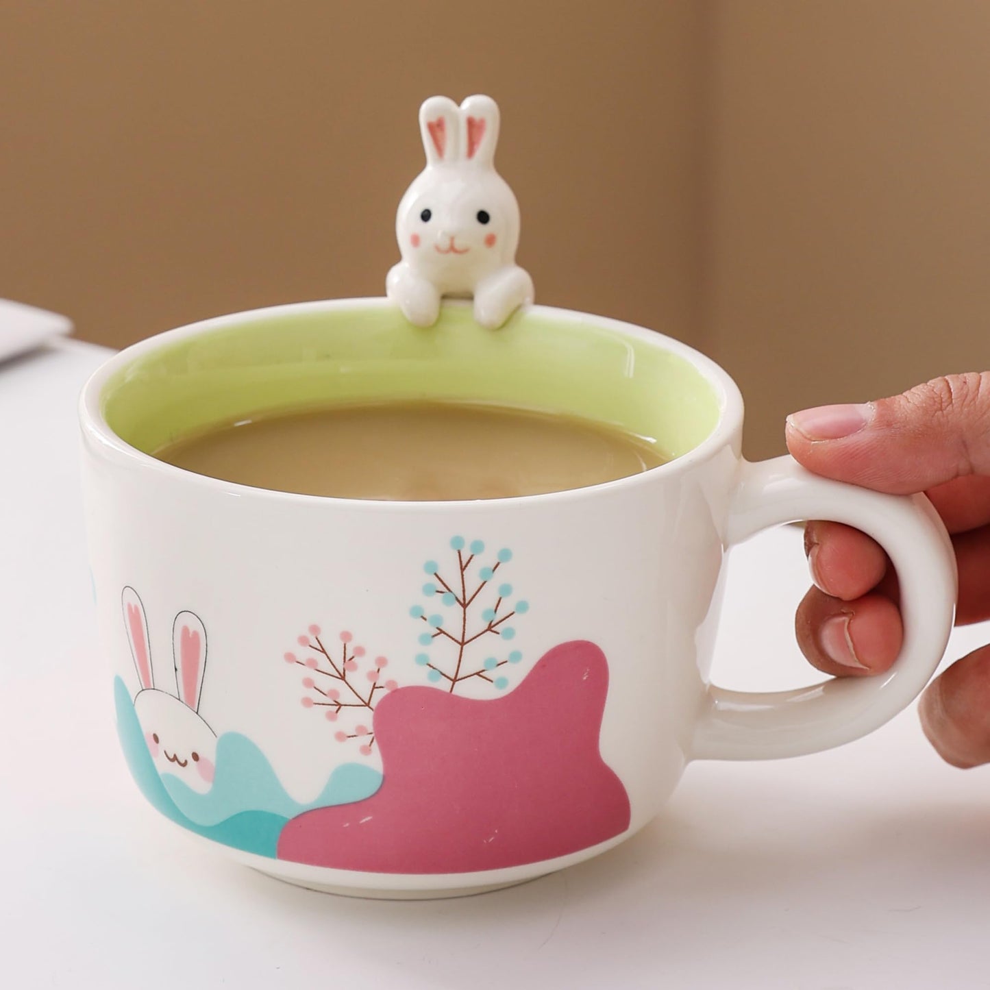 lpylxingyan 10oz Cute 3D Animal Coffee Mugs: Funny Handmade Ceramics Cups with Rabbit, Cow, Sloth, Fox, Lion for Kids Gift. (rabbit for easter day)