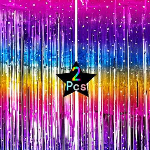 Sparkly Neon Rainbow Foil Fringe Curtain Backdrop Metallic Streamers Photo Booth Props for Birthday Bachelorette Gay Pride Day Graduation Wedding 80s 90s Disco Party Decorations- 2 Packs (3.3x6.6Ft)