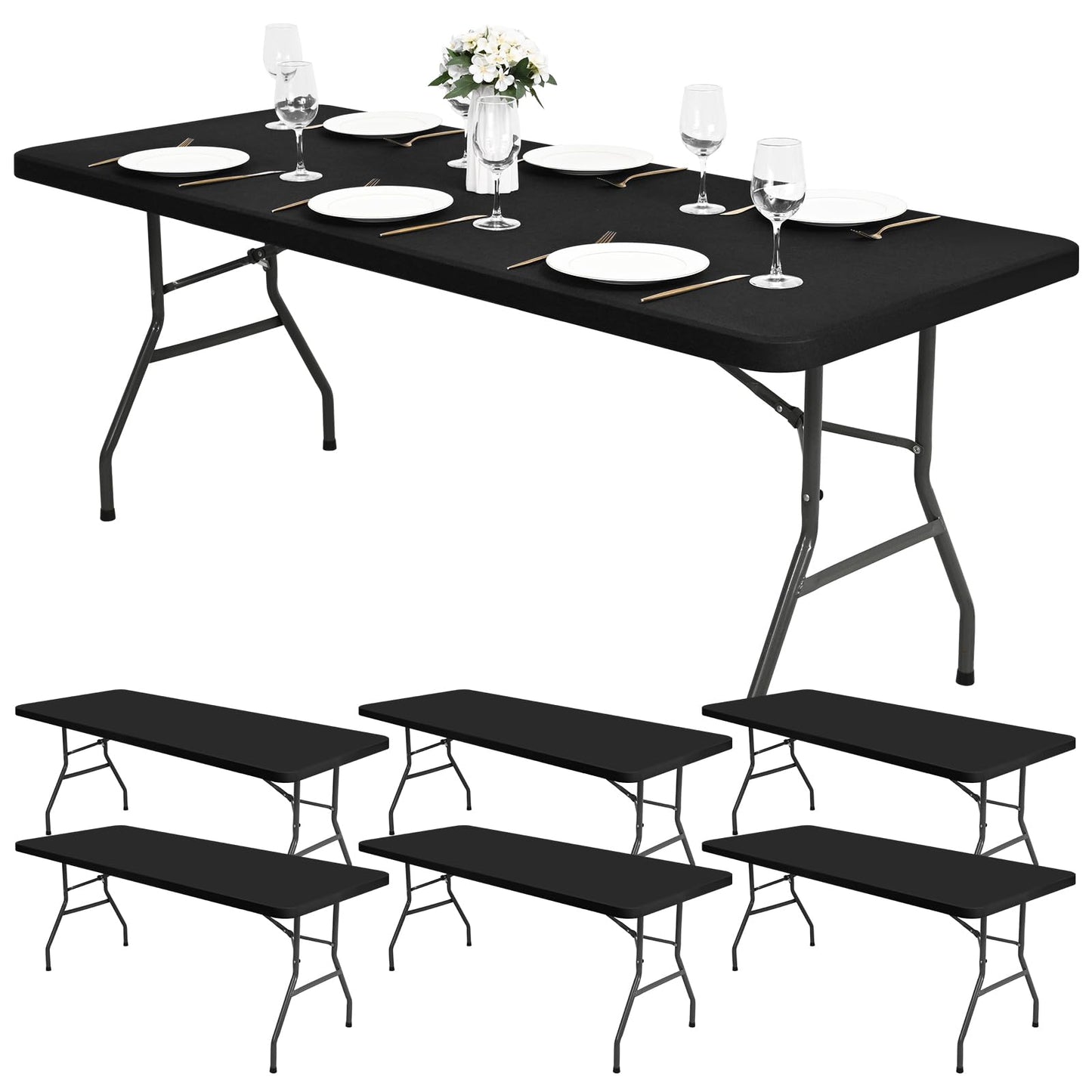 10 Pack Stretch Fabric Table Top Cap Cover, fits 6Ft Tables, Spandex Table Covers Washable Elastic Universal Rectangle Tablecloth Protector for Indoor Outdoor Party Picnic Wedding, Black,30" W x 72" L