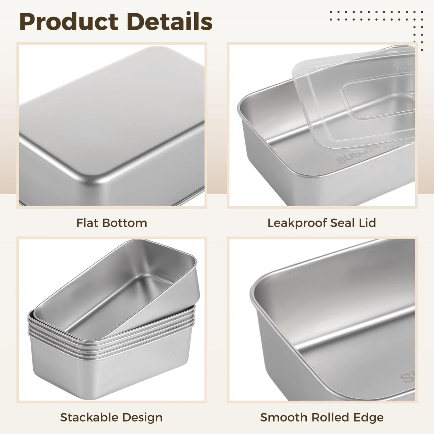 Homaisson 6 Pcs Stainless Steel Loaf Pan, Bread Baking Pans with Lids, Rectangle Cake Meatloaf Molds, Food Serving Pans, Ideal for Baking and Storage