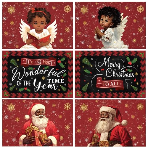 6-Piece Christmas Placemats 18x12 in Set with Santa & Angel Designs