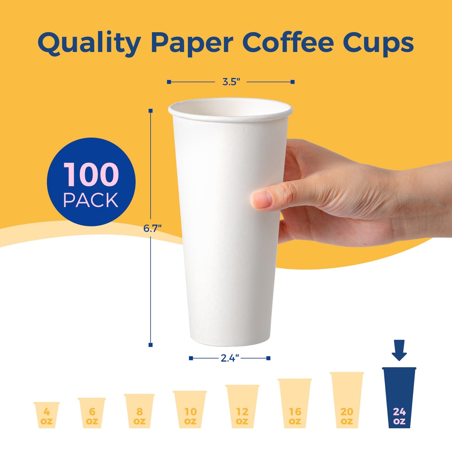 Fit Meal Prep 100 Pack 24 oz Disposable Paper Coffee Cups, Premium Hot Cups for Hot/Cold Beverage, Durable Thickened White Paper Cup Bulk for Party, Office, Bussines, Cafes, Bistros, Daily Use