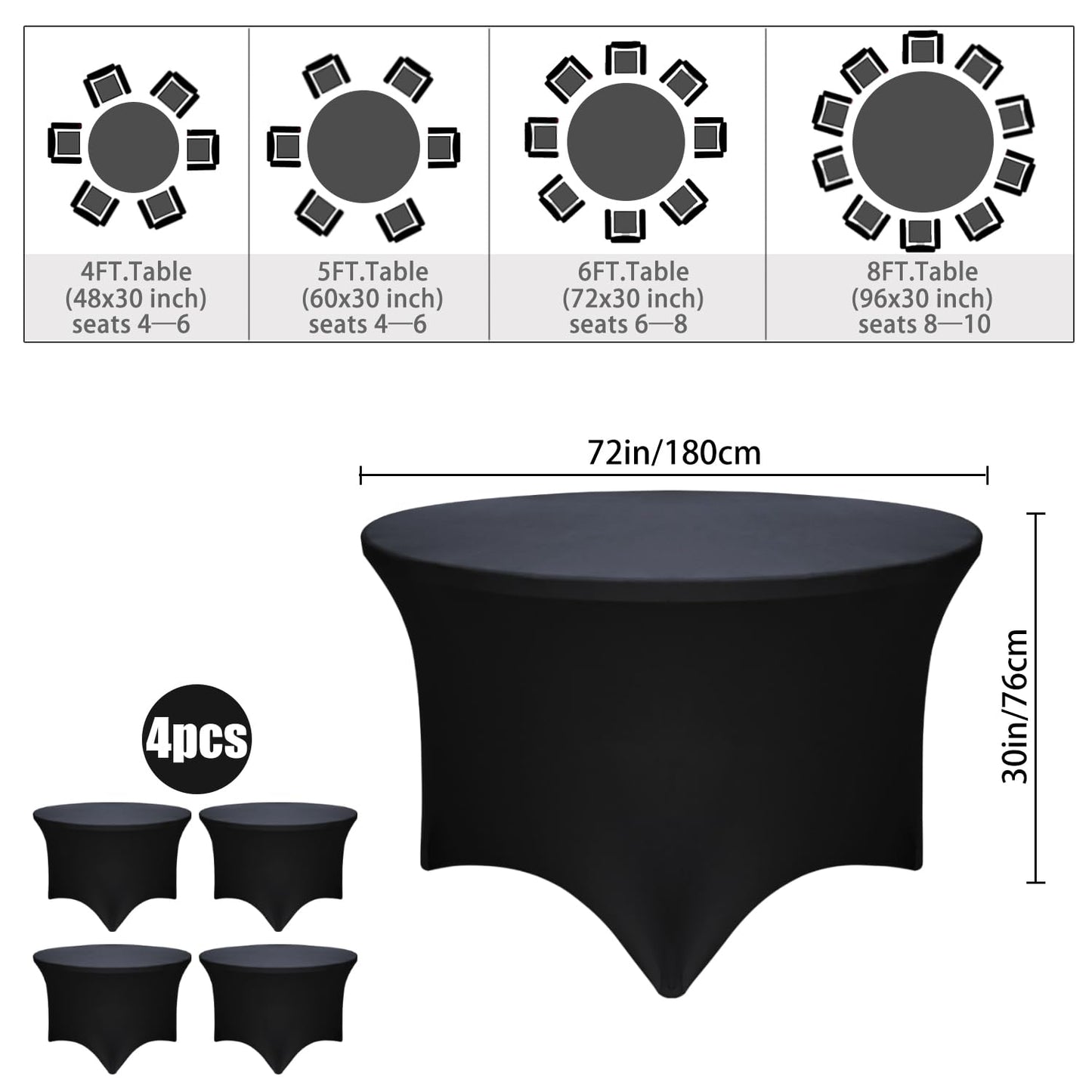 4 Pack Black 72-Inch Diameter x 30-Inch High Round Spandex Tablecloth for 6FT Round Tables|Fitted Stretch Tablecloth with Foot Bag for Party, Wedding, Birthday, Banquet, Vendor Stand