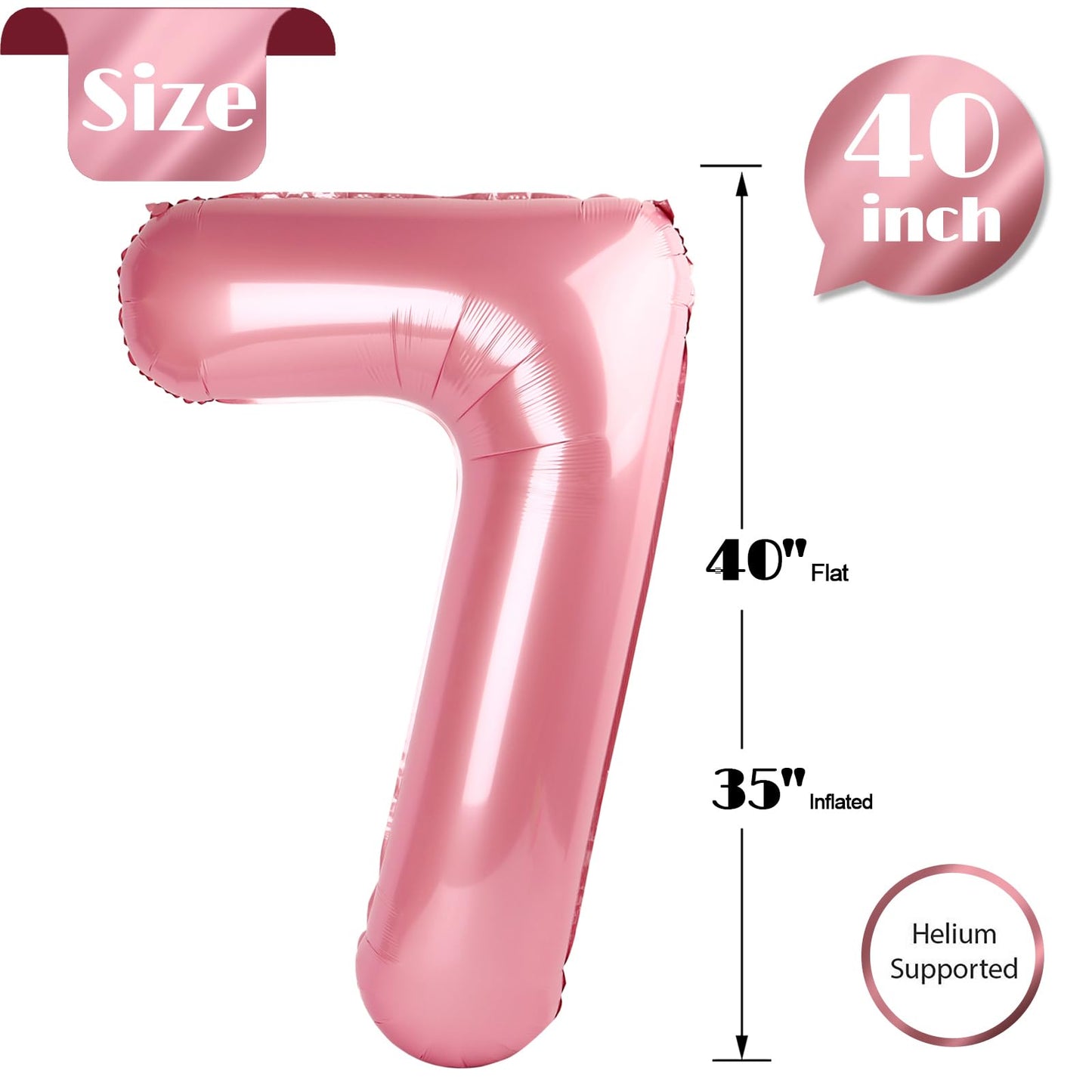 Pearlescent Pink Number 7 Balloon 40 Inch, 7th Birthday Party Decorations for Children, Giant 7 Foil Balloon for Party Supplies