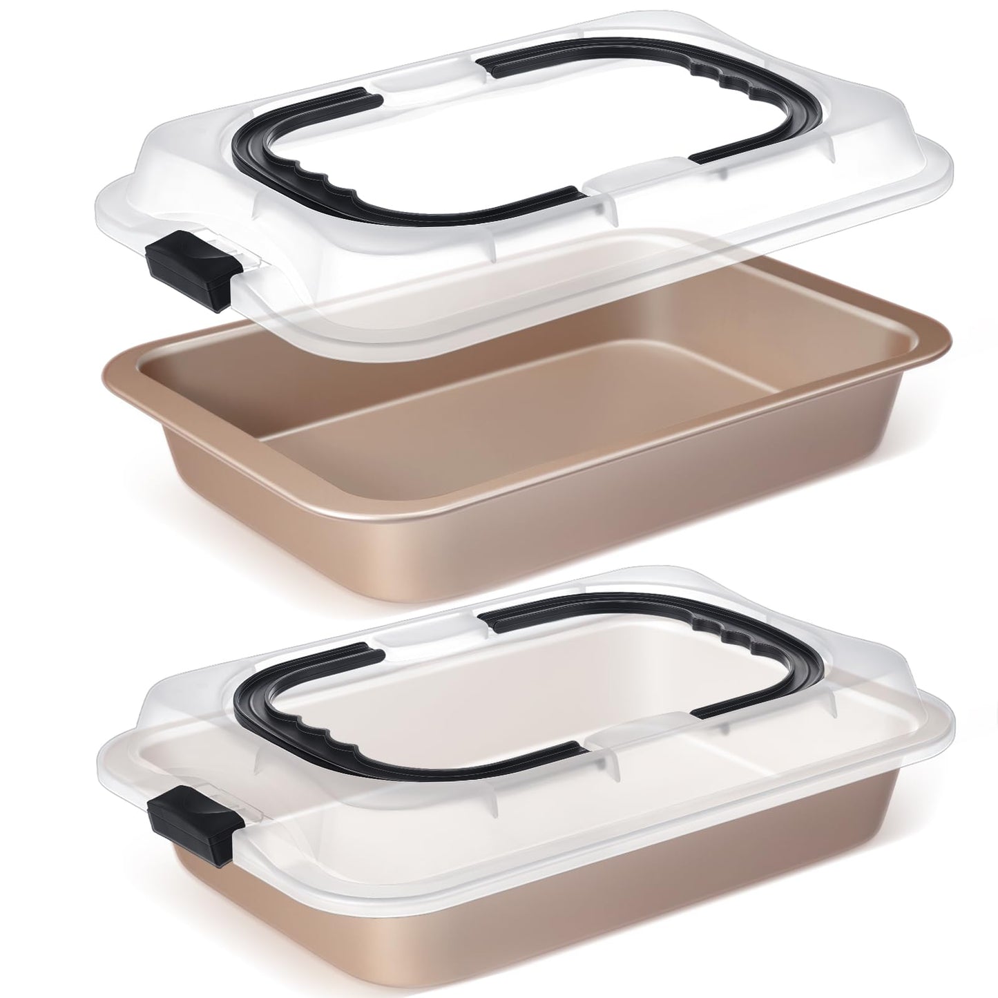 Qinyoung 2 Pcs Cake Baking Pan with Lid and Handle, 9 x 13 Inch Non-stick Rectangle Sheet Cake Pan Carrier for Brownie Roasting Cooking Baking (Gold)