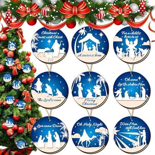 36 Pcs Nativity Scene Christmas Tree Ornaments Wooden Nativity Xmas Tree Hanging Decorations Christian Wooden Ornaments Nativity Scene Accessories for Home Holiday Decor (b)