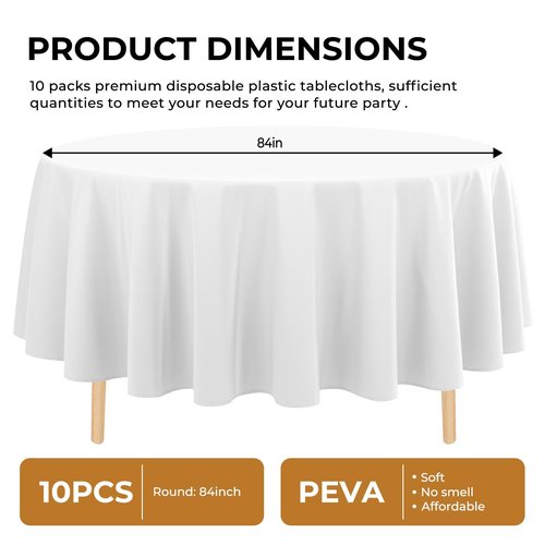 JHDZDHY 10 Pack Premium Disposable Plastic Tablecloth 84" Round Table Cover for Birthdays Weddings Christmas Anniversary Buffet Table (White)