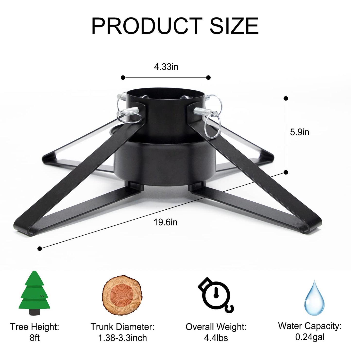 Christmas Tree Stand for Live Tree, Adjustable Metal Tree Holder for Real Christmas Tree Fits up to 8 Ft, Heavy Duty Christmas Tree Stand Base for Xmas Tree Decoration 1.38 to 3.3 inch Trunk Diameter