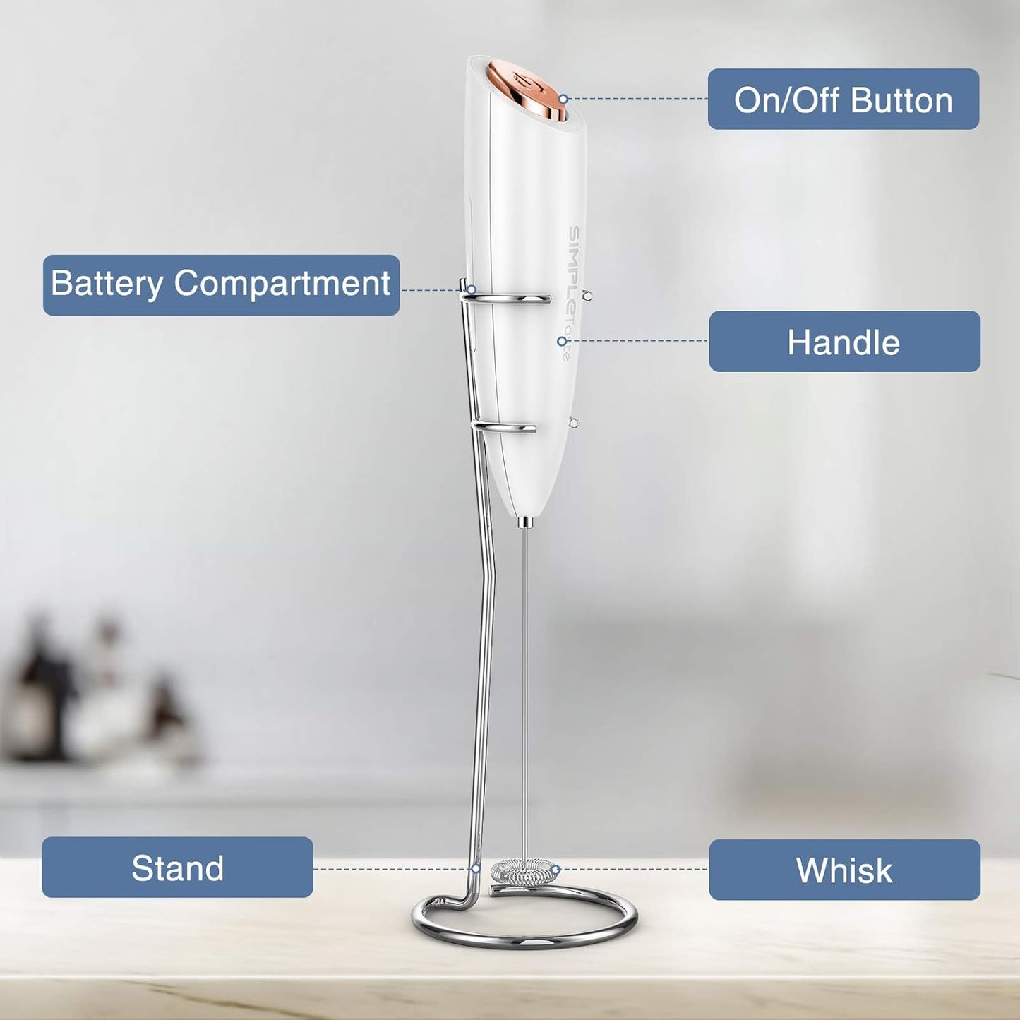 SIMPLETASTE Milk Frother - Handheld Electric Foam Maker for Cappuccino & Latte - White with Stand