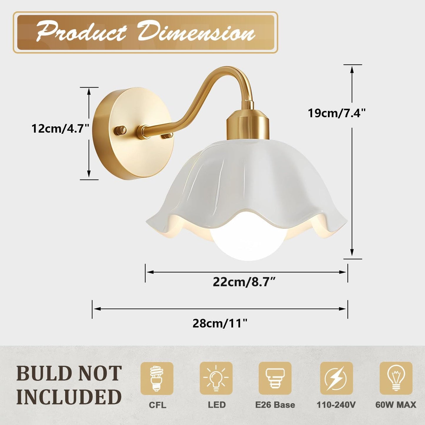 Gold Wall Sconce 1-Light Modern Wall Lighting Fixture Farmhouse Vanity Sconces Lights with Milk White Glass Shade Indoor Wall Sconce Lamp Wall Mount Light Fixture for Bedroom MWL02-1A