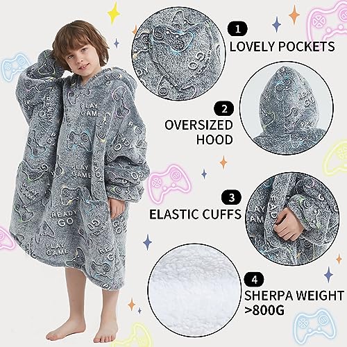 Kids Wearable Blanket Hoodie Oversized Sherpa Sleepwear with Glow in The Dark Game Controller Design - Mewkou 6-13YR Gamer Edition