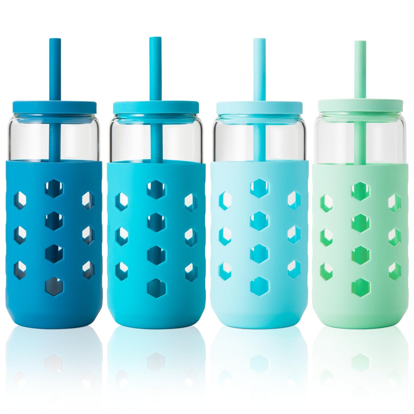 Mrsdry Glass Cups with Lids and Straws (4 Pcs), 20oz Drinking Glasses Set with Silicone Sleeves for Coffee Bar Accessories Iced Coffee Cups with Lids, Glass Tumbler Reusable for Gifts