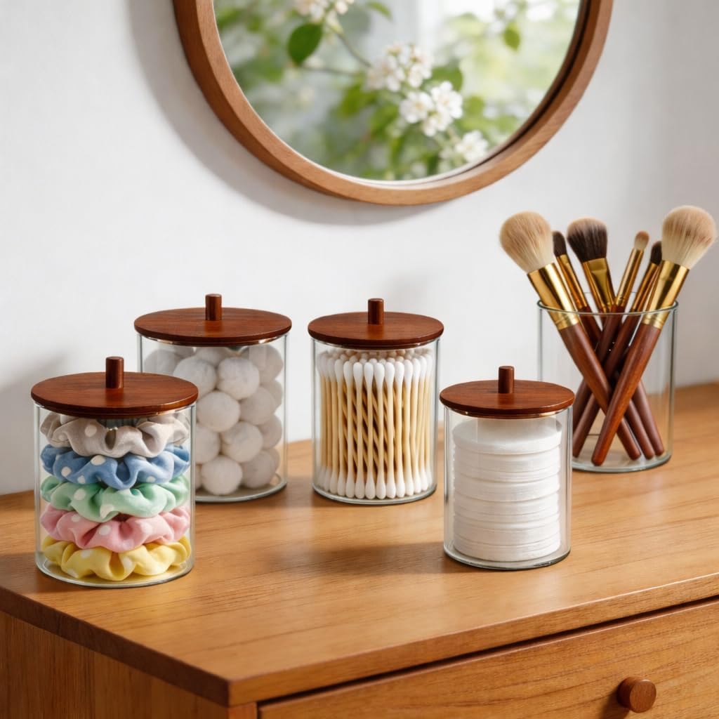 Skiennix Glass Qtip Holder Dispenser Set - 15oz & 10oz Cotton Swab Canisters with Acacia Lids | Bathroom Vanity Storage (2 Pack)